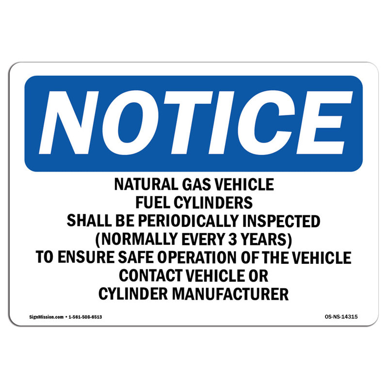Osha remarquera que les bouteilles de carburant de véhicule au gaz naturel doivent être signées, H 18 po x l 24 po x P 0,1 po