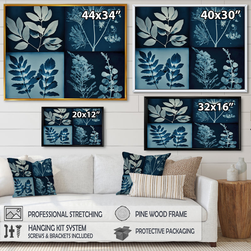 Fleurs sauvages rétro dans les tons de bleu - reproduction sur toile, H 12 po x l 20 po x P 1 po, Cadre flottant noir