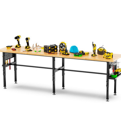 Fabriqué en bois massif de 244 cm de long, capacité de charge de 907 kg, hauteur réglable, côtés et alimentation intégrée - Plateau de 244 cm, coffre de rangement, roulettes - Idéal pour les projets de menuiserie