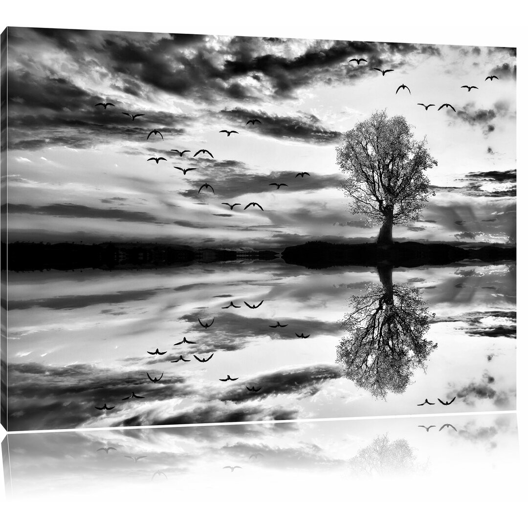 Leinwandbild Einsamer Baum spiegelt sich im Wasser in Monochrom