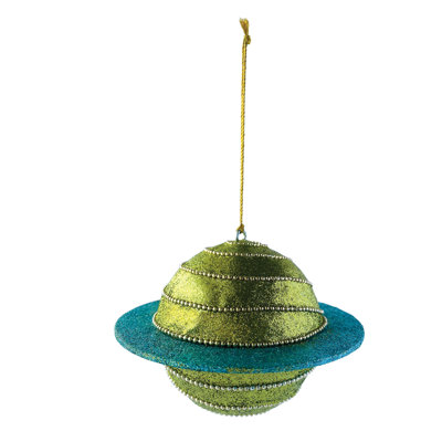 Round Plastic Planet Ornament With Beads And Glitter
