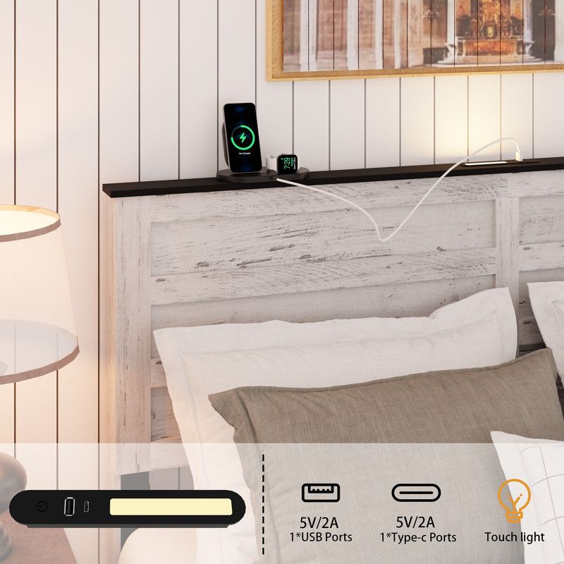 Cadre de lit avec tête de lit tapissier et plateforme en bois Tête de lit avec station de charge et cadre de lit à DEL avec lit pour animaux de compagnie
