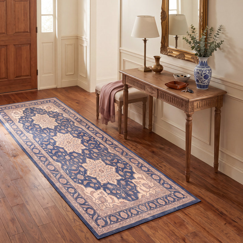 Tapis en basalte à médaillon traditionnel, style persan, bleu marine, ivoire, or, vert et rose, lavable à la machine, antidérapant, à poils courts, pour l'intérieur et l'extérieur, adapté aux animaux domestiques, idéal pour le salon, la chambre, la salle à manger, l'entrée, le couloir ou le bureau.