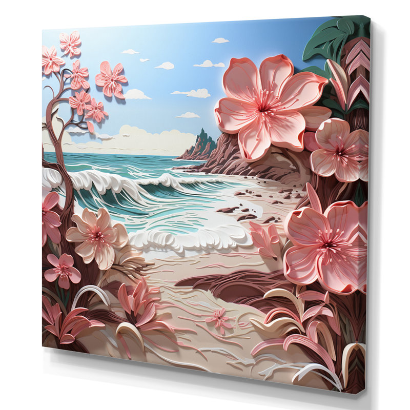 Pink Beachside Bloom Papercut II - Nautical & Beach Canvas Prints, H 36 po x l 36 po x P 1,5 po, Toile tendue