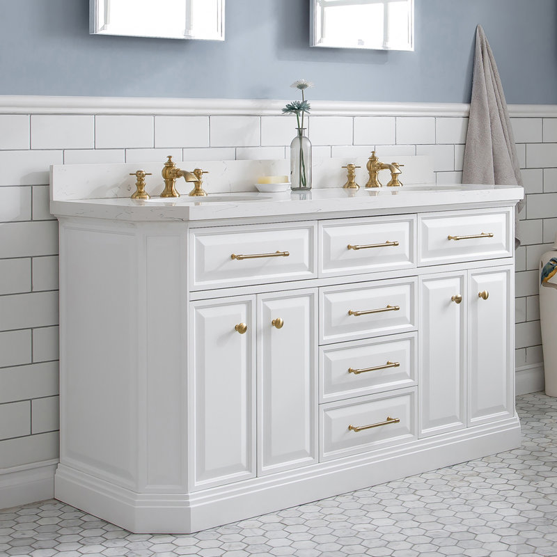 Meuble-lavabo de comptoir en quartz Carrara de 60 po avec robinet Bruning, Blanc pur, Laiton satiné, fixé sur le comptoir