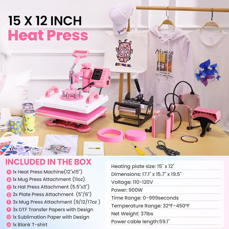 8 in 1 Heat Press Machine 12" x 15" Digital Multifunction Shirt Transfer Machine for DIY T-Shirt Hat Cap Mug Plate