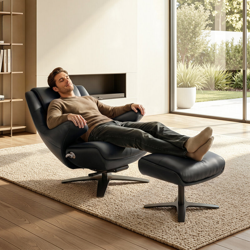  Fauteuil inclinable pivotant à 360 ° en cuir véritable avec repose-pieds, dossier réglable pour le salon, Noir