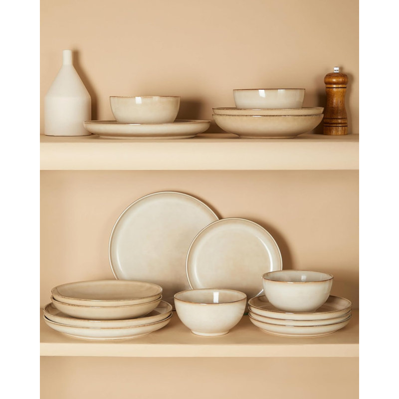 Service de vaisselle 12 pièces en grès, assiettes émaillées réactives et service de bols pour 4, beige moka, Beige moka
