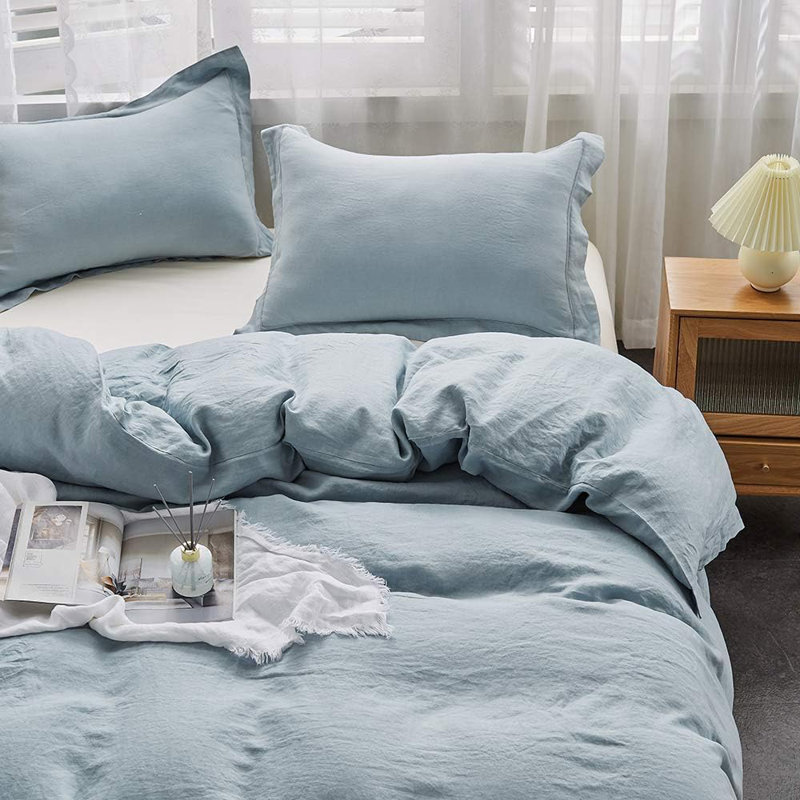 100% Linen Duvet Cover Set, King Duvet Cover + 2 Shams, Dusty Blue
