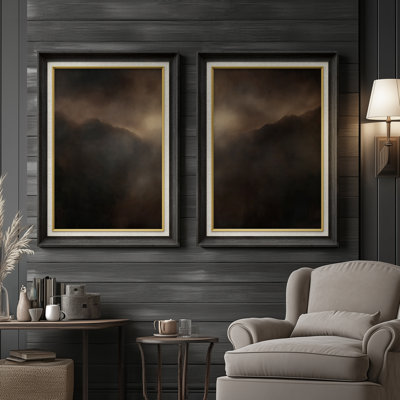 Décoration de paysage dramatique foncé avec silhouette de montagne sombre avec lumière de l'atmosphère - ensemble de 2 reproductions d'art encadrées de qualité supérieure sur papier 26 po x 36 po