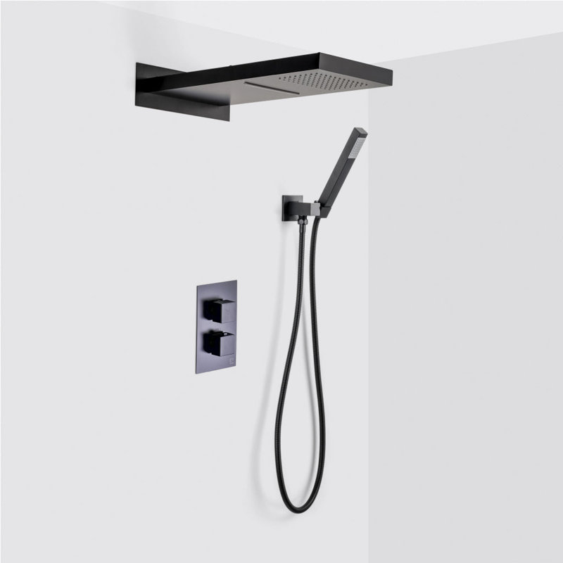 Devon 3-Way Shower Set With Hand Shower Set and Double Function Shower Head - Wall Mount - 10" Brass/Matt Black