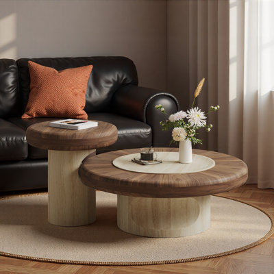 Ensemble de 2 tables basses gigognes avec placage en noyer et en travertin, tables d'appoint pour tables de salon
