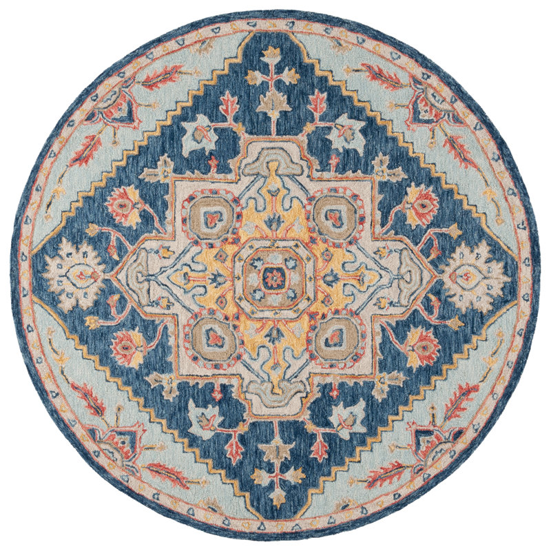 Mahlum Oriental Hand Tufted Wool Area Rug in Beige/Navy, Round 6"