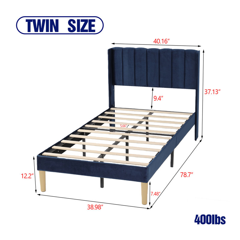 Upholstered Wingback Platform Bed, Blue, Twin