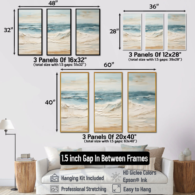 Beige et bleu plage tranquillité - ensemble de reproductions d'art mural plage, H 40 po x l 60 po x P 1 po