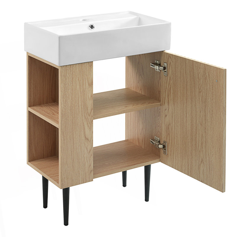 Meuble-lavabo de salle de bain avec lavabo simple en céramique et rangement à gauche