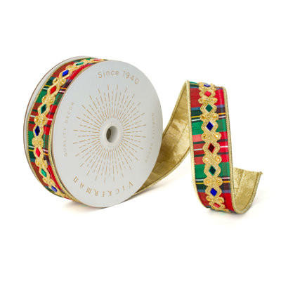 Vickerman 1.5"X10 Yds Multicolor Plaid with Jeweled Gold Applique Center and Gold Backing Ribbon.