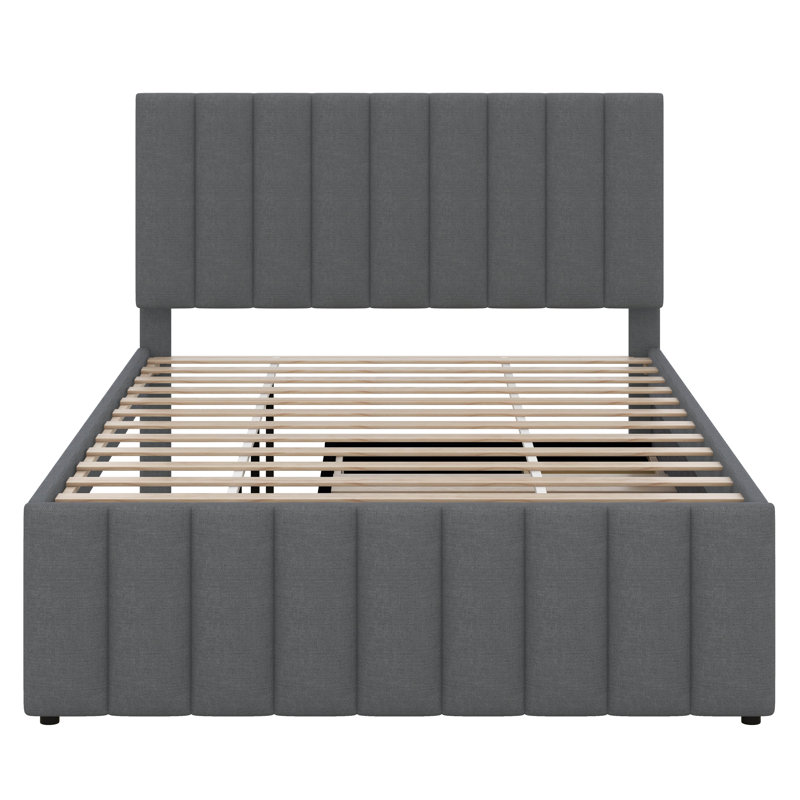 Lit plateforme double avec lit gigogne et 3 tiroirs de rangement, cadre de lit et tête de lit à rayures, Gris