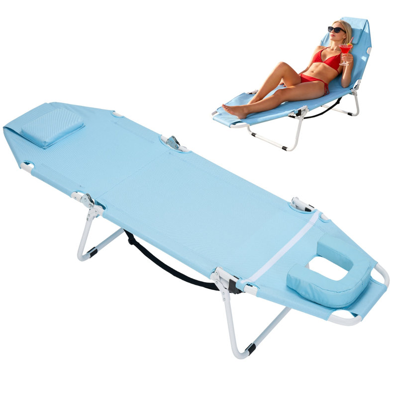 Tanning Chair With Face Hole, 2-In-1 Folding Cot & Adjustable Lounge Chair, 600D Oxford For Beach, Poolside & Patio, Blue