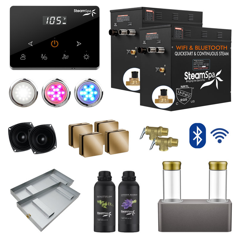 Black Series 24KW Steam Bath Generator With Wireless Remote, BLUETOOTH, WIFI, And Dual Aroma Pump In Gold
