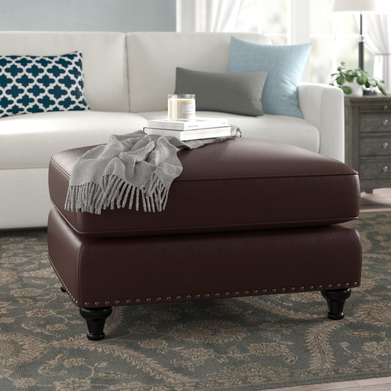 Repose-pieds carré en cuir véritable de 29 po de largeur Perryton, Cuir fleur brun café