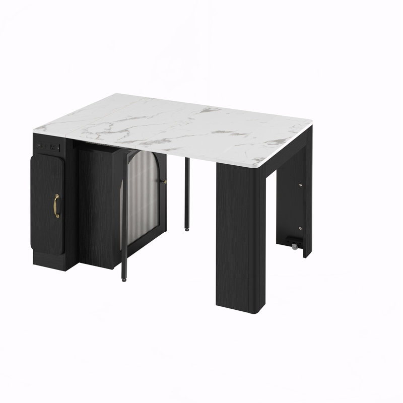 Extendable Dining Table With Removable Leaves Storage Cabinet, Faux Marble, Black