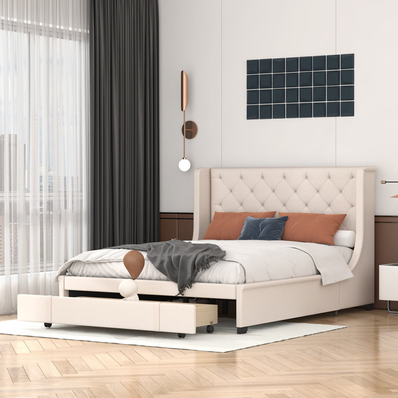 Grand lit de rangement rembourré Tadley, Beige