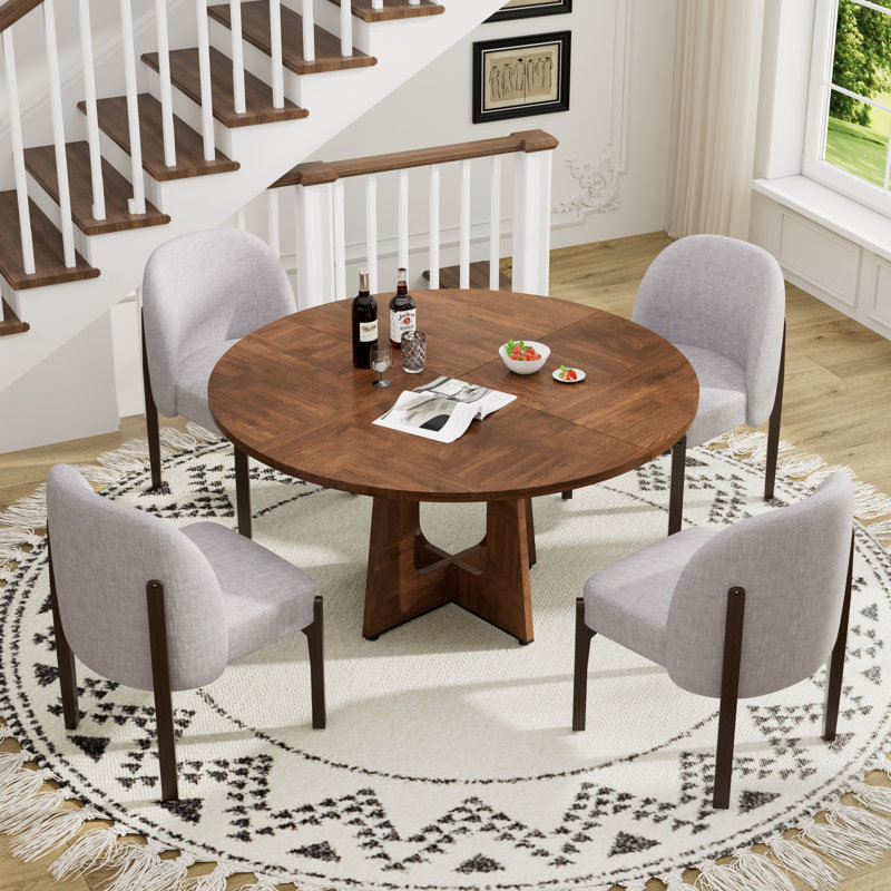 Ensemble de table de salle à manger ronde 47 po et 4 chaises rembourrées, table à finition chêne / noyer / marbre et chaises beige / gris
