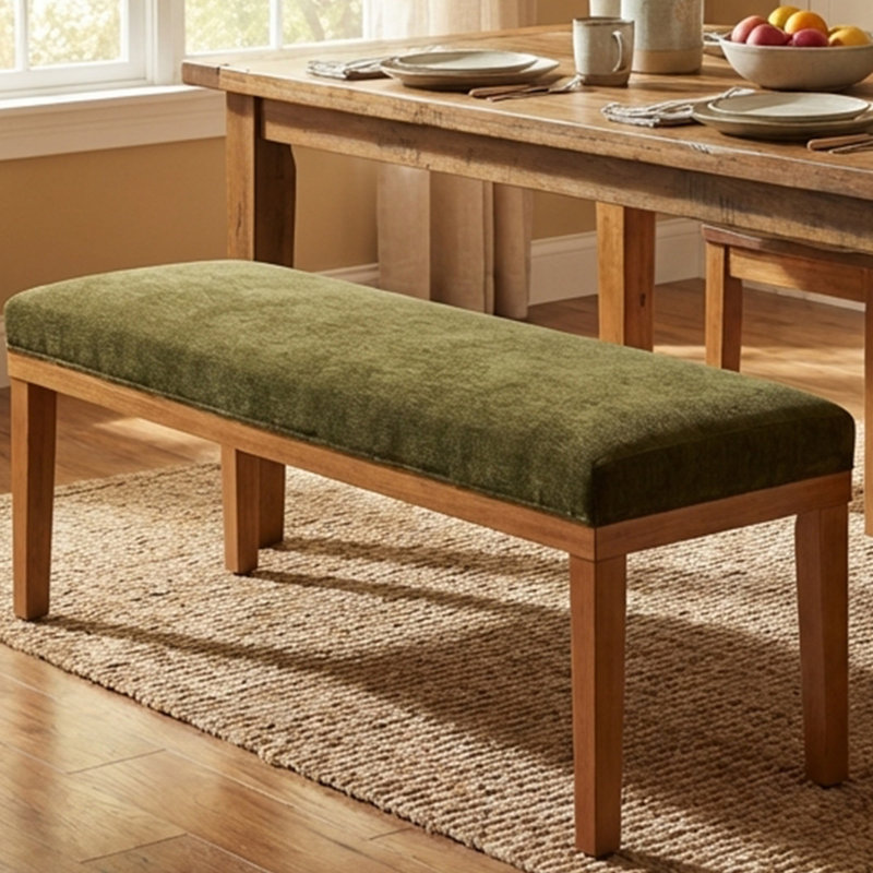 Upholstered Dining Bench Chair  With Solid Wood Legs For Dining Table, 52.8'' W Olive Green Velvet Seat, Green