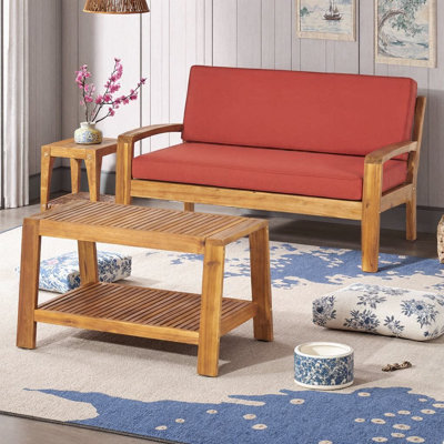 Ensemble de conversation d'extérieur 2 pièces en bois d'acacia et teck | Causeuse et table basse avec coussins gris résistants à l'eau | Mobilier de patio d'une capacité de 350 lb pour terrasse, jardin et jardin