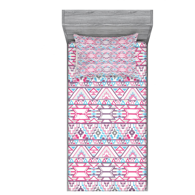 Ensemble de draps hexagonaux superposés, Ensemble de draps pour lit simple TG avec drap-hou, Rose / brun / bleu, Ikat
