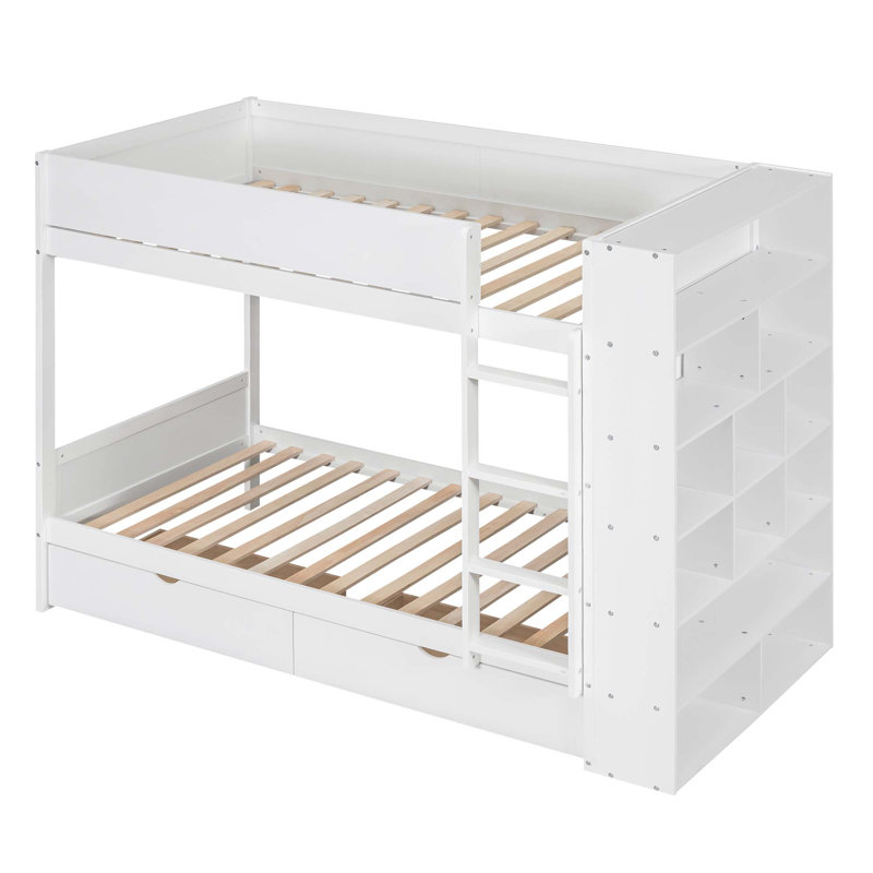 Lit superposé double avec 2 tiroirs et armoire multicouche, gris, Twin, Blanc