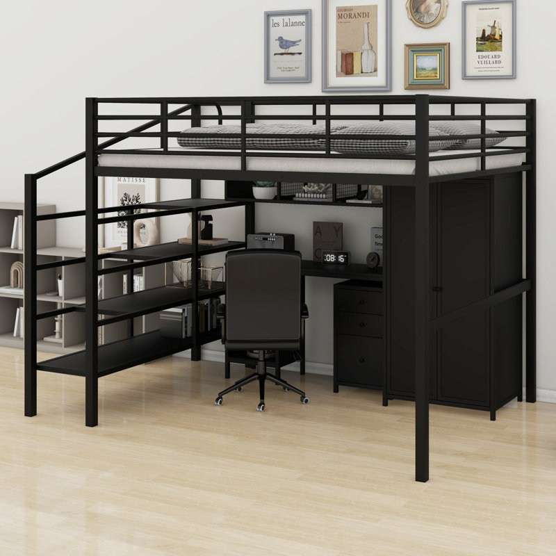 Lit mezzanine en métal avec ensemble de table et garde-robe