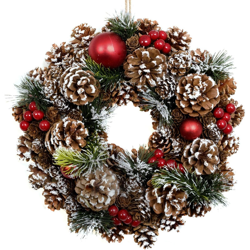 Christmas Hanging Wreath Medium - Festive Pine Cone Display with White Frosting White, 32cm x 32cm