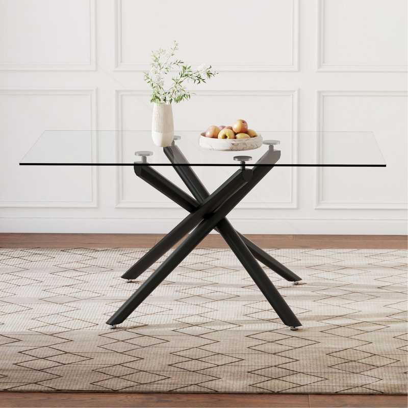 Grande table de salle à manger rectangulaire moderne en verre minimaliste pour 4 à 6 personnes avec plateau en verre trempé de 0,39 po et pieds en métal de couleur noire, pour la salle à manger, le salon, la salle de réunion et la salle de banquet.