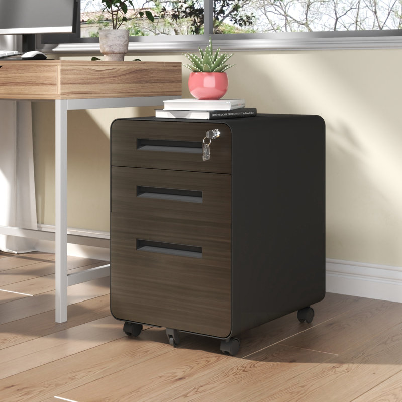 3-Drawer Wide Mobile File Cabinet With Lock, Black