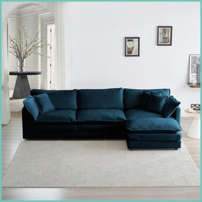 Canapé modulaire surdimensionné moderne en L avec repose-pieds réversible en chenille bleue pour le confort d'un salon
