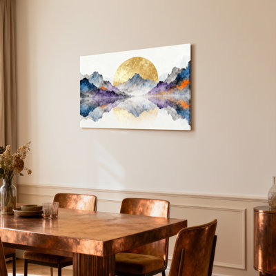Abstrait paysage de montagne avec soleil doré, reproduction d'art sur toile tendue sur toile, ensemble de 1