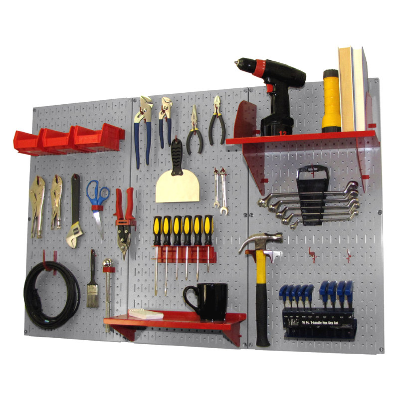 Ensemble de panneau perforé de rangement pour outils standard H 32 po x 48 po, Gris et rouge
