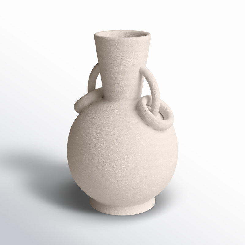 Ceramic Textured Decorative Vase with Ring Handles, Cream