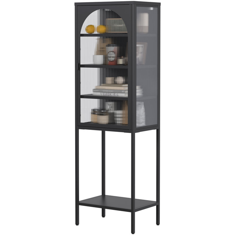 Metal Glass Door Display Storage Cabinet - 5-Tier Cube Bookshelf Storage Cabinet With 3 Adjustable Shelves, Black