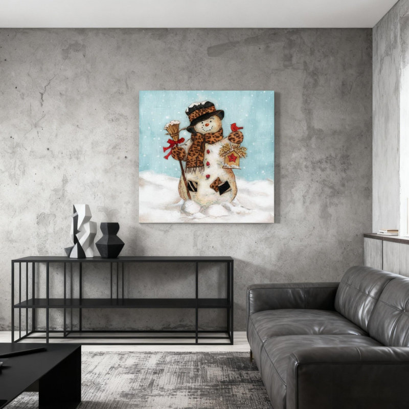Art mural en toile bonhomme de neige avec chapeau et cardinal 12 po x 12 po