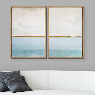 Gold Blue Ocean Sea Beach Landscape - 3 Piece Floater Frame Print Set on Canvas
