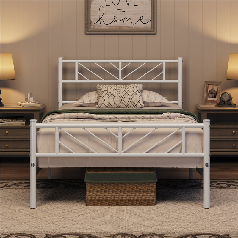Minimalist Metal Slatted Bed Platform with Arrow Design Headboard, White, Single (3')