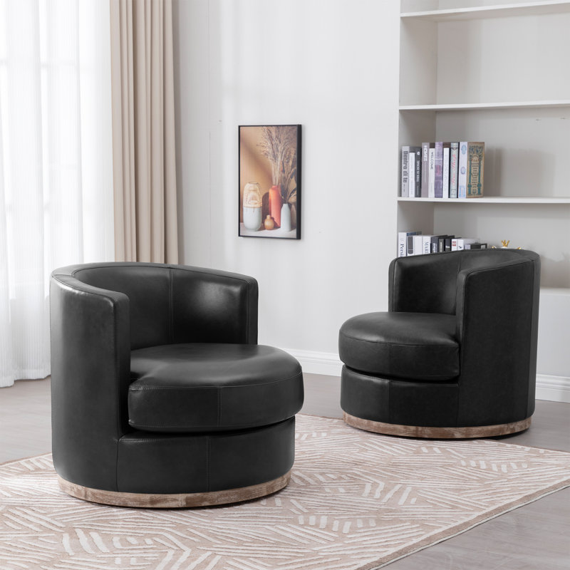 Genuine Leather Barrel Chair(Set Of 2), Vintage Black