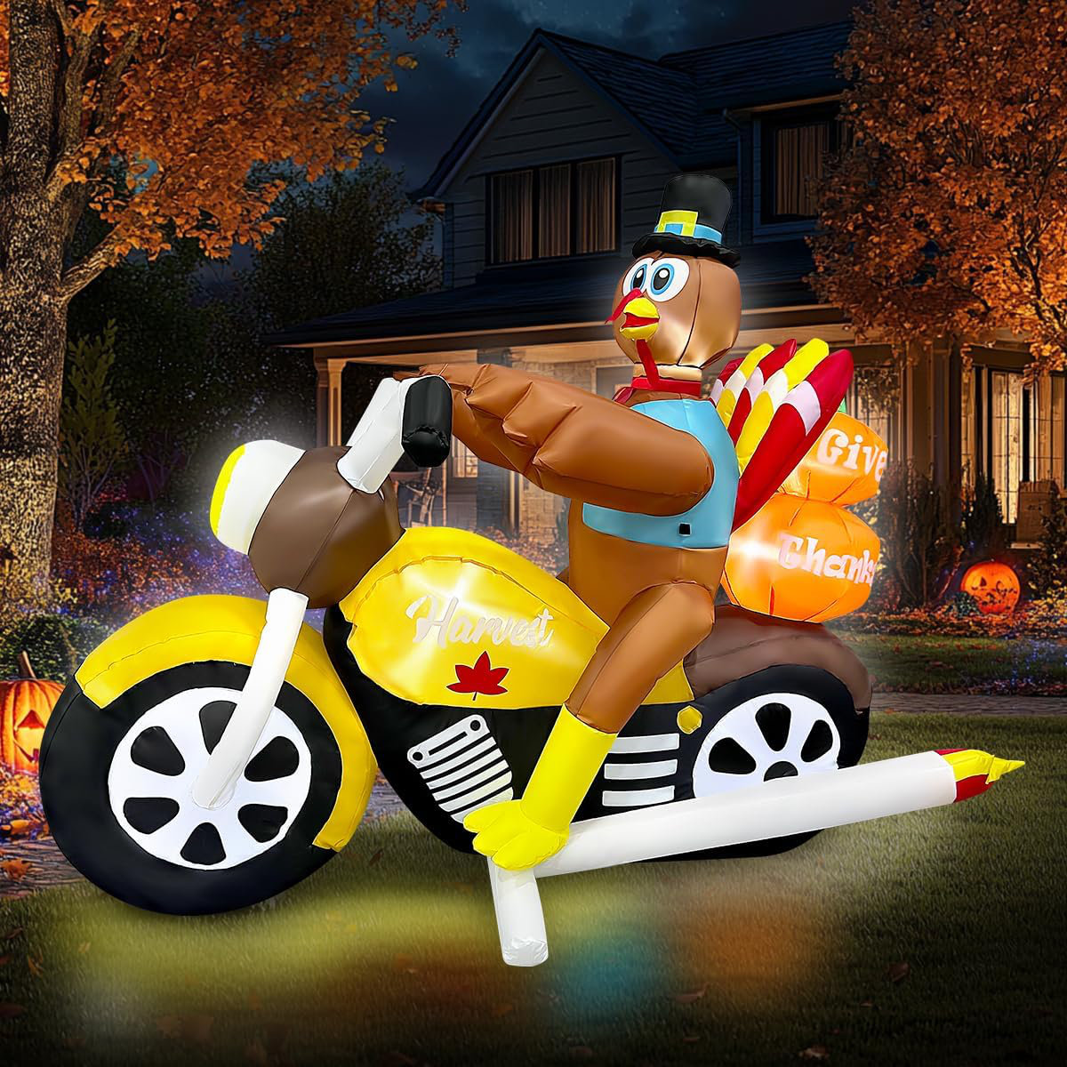 The Holiday Aisle® 7FT Length Thanksgiving Inflatable Turkey Riding Motorcycle Decorations LED ...