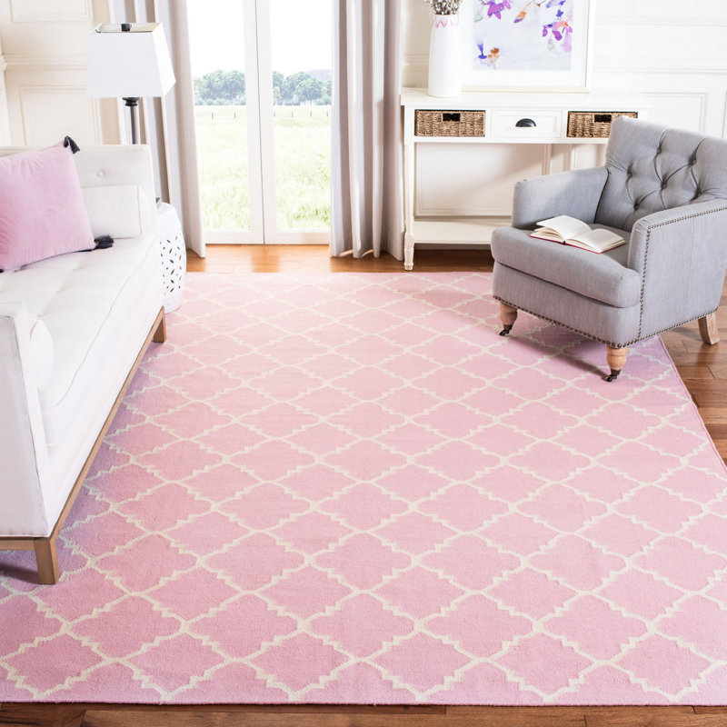Milltown Hand Woven Flat Weave Wool/Cotton Geometric Rug in Pink/Ivory, Rectangle 4' x 6'