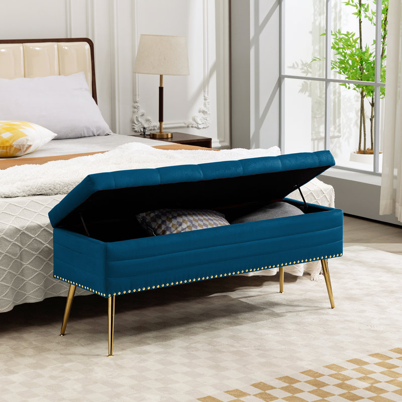 Banc de rangement en velours Carrielynn, Bleu marine
