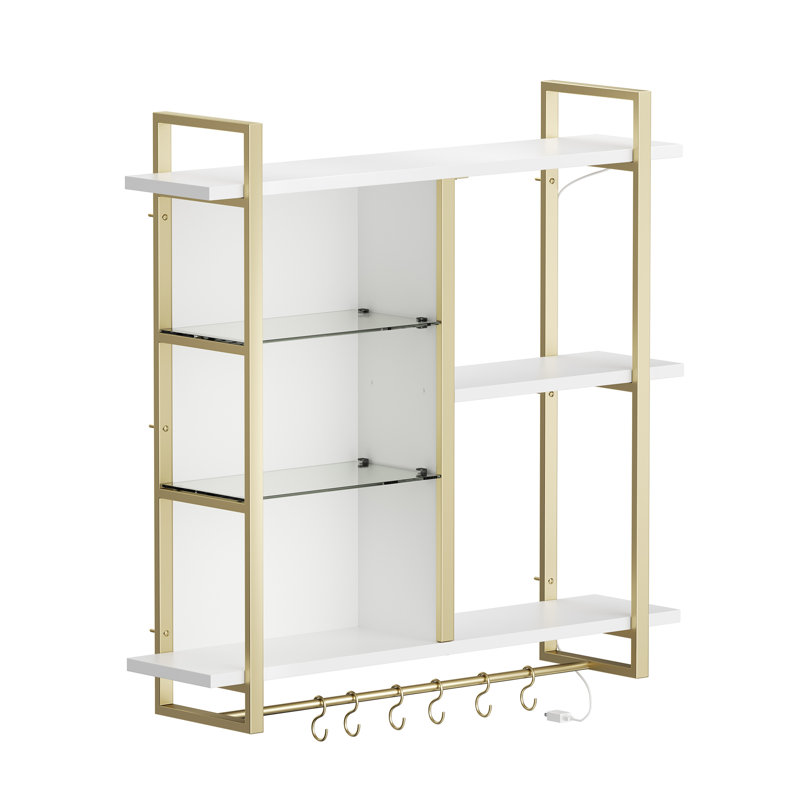 Floating Shelves for Wall with Lights and 6 Hooks