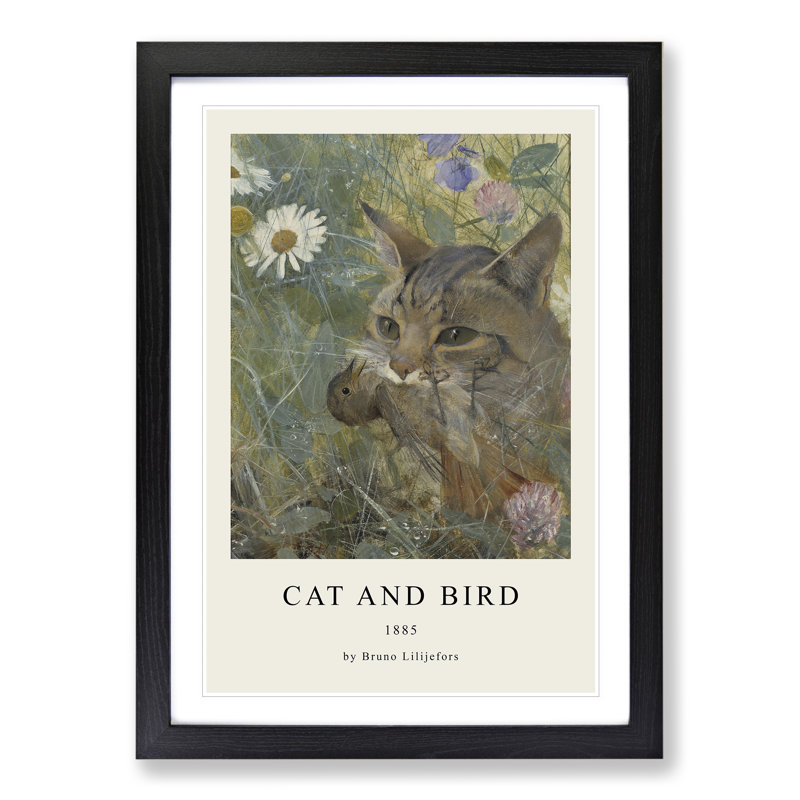 A Cat with a Bird in Its Mouth by Bruno Liljefors - Picture Frame Painting, Black Framed, 36cm H x 27cm W x 2cm D